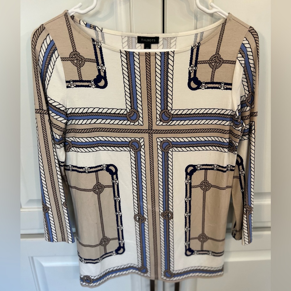 Talbots XS top. 3/4 sleeve, nautical print. Work, office, resort wear, cruise.